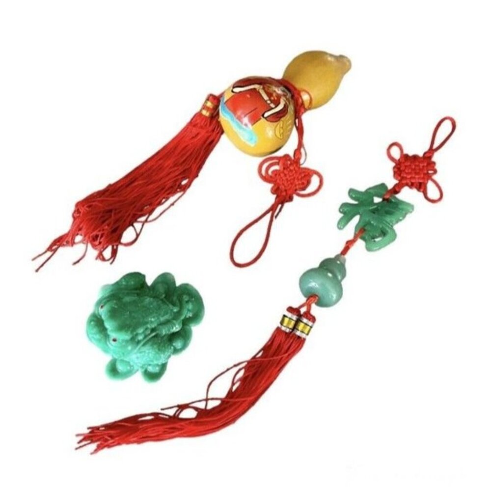Chinese Decor Lot Gourd w Tassels Lucky Jade Frog Knot accent